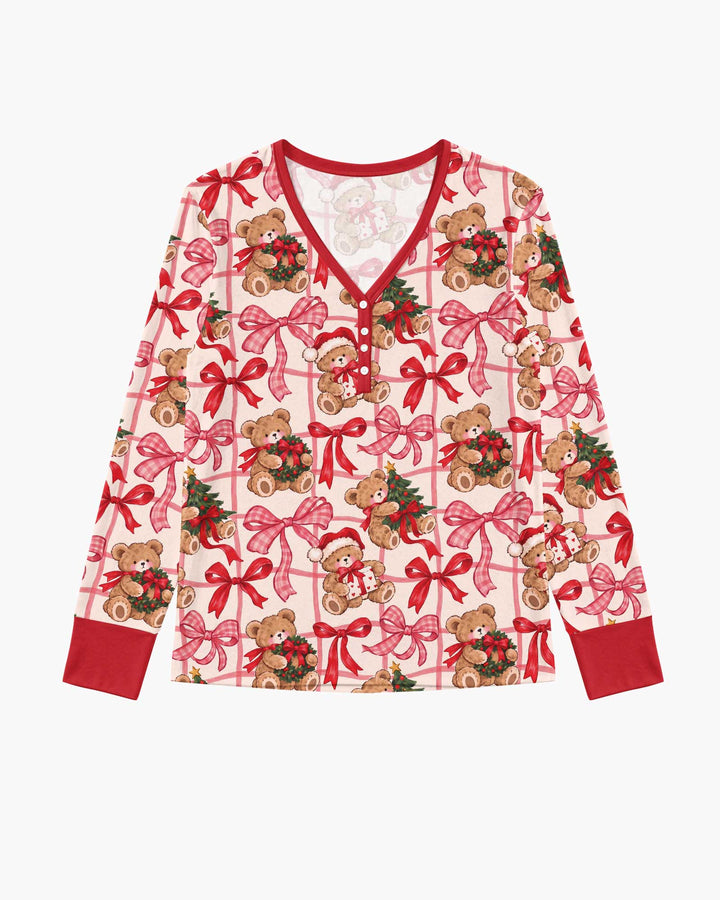 Pink Christmas Teddy Bear Plaid Mommy & Me Matching Bamboo Women Pajama Set