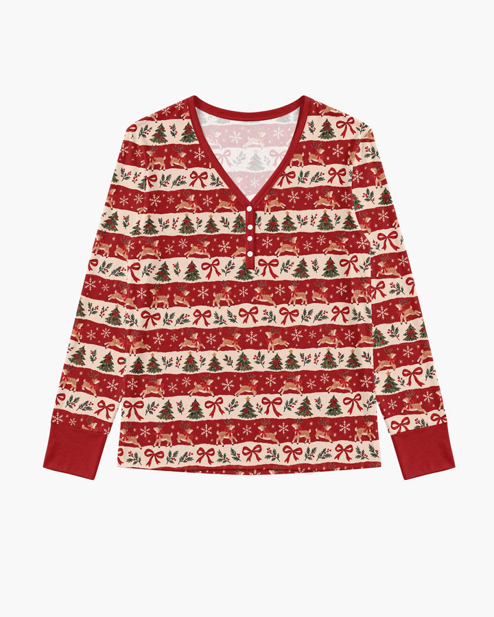Vintage Reindeer Christmas Stripes Bamboo Women Pajama Set