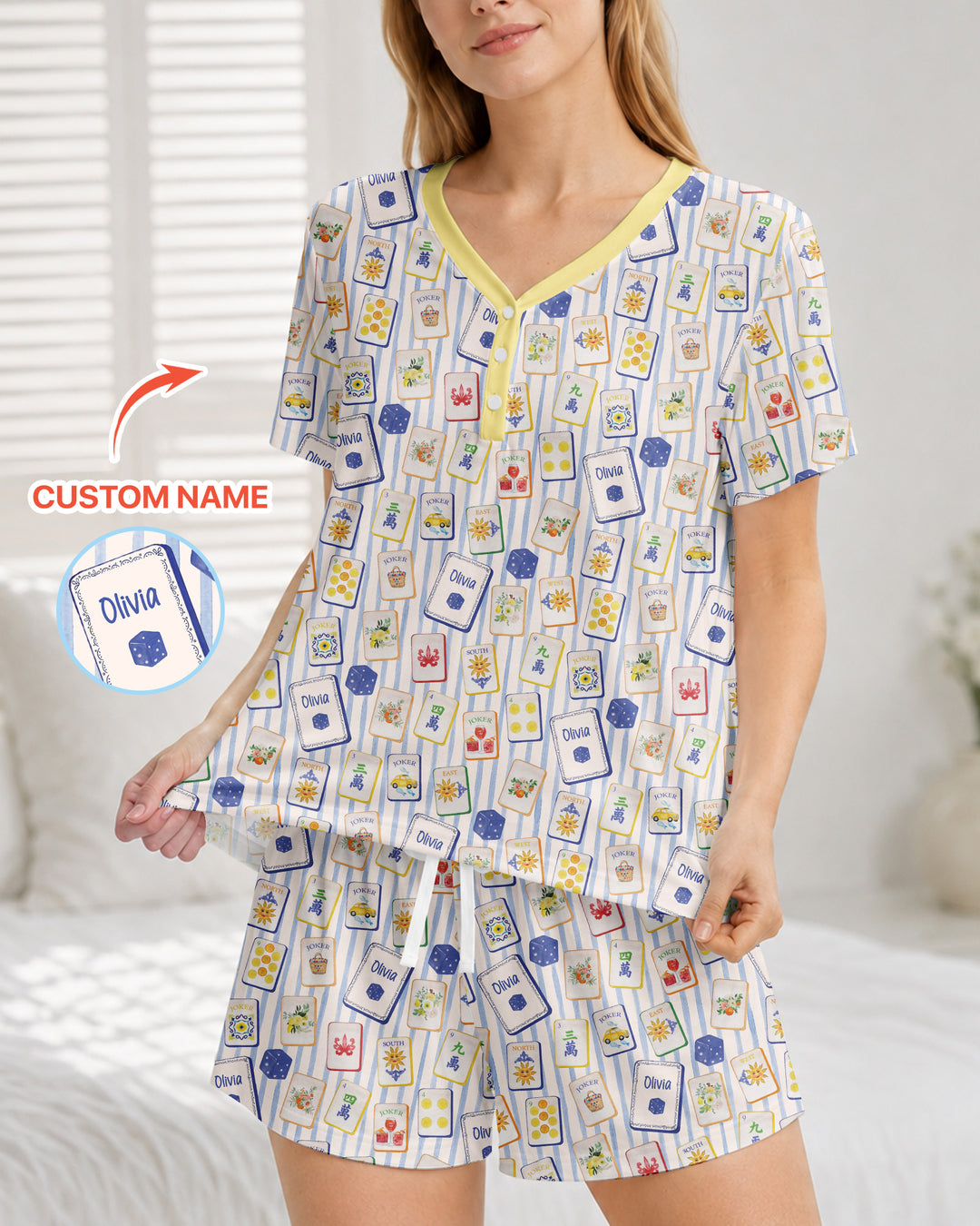 Coastal Mahjong Custom Name Mommy & Me Matching Bamboo Women Short Sleeve Short Pajama Set