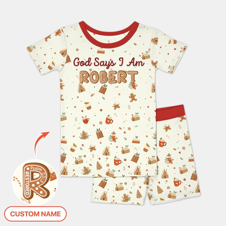 GingerBread God Says I Am Custom Name Two Piece Short Sleeve Shorts Pajama Set , GingerBread God Says I Am Custom Name Two Piece Short Sleeve Shorts Pajama Set - 12-18M