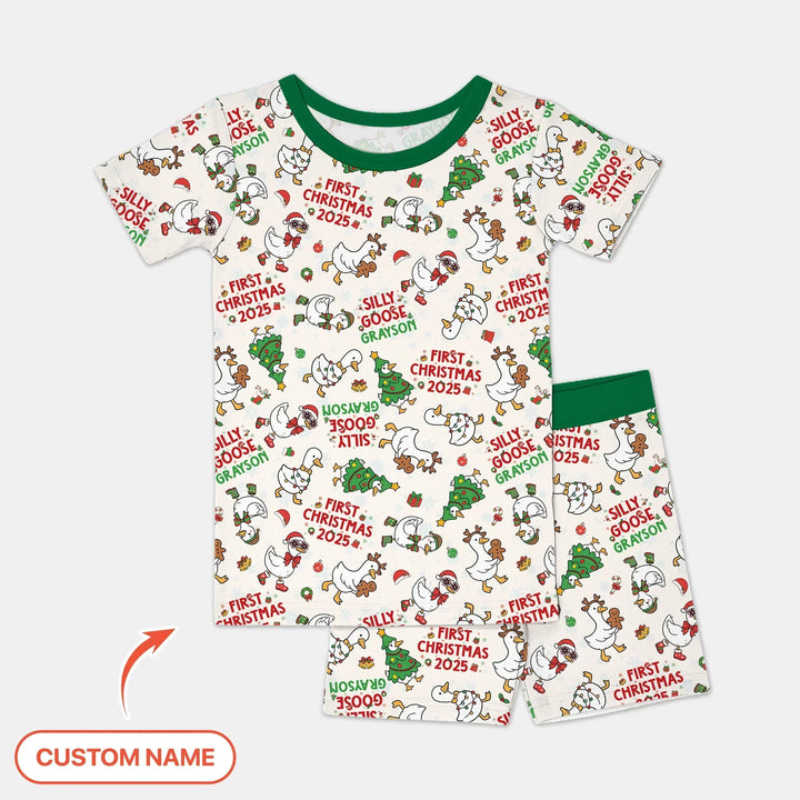 Custom Name "Silly Goose" Two Piece Short Sleeve Shorts Pajama Set (Green) , Custom Name "Silly Goose" Two Piece Short Sleeve Shorts Pajama Set (Green) - 12-18M