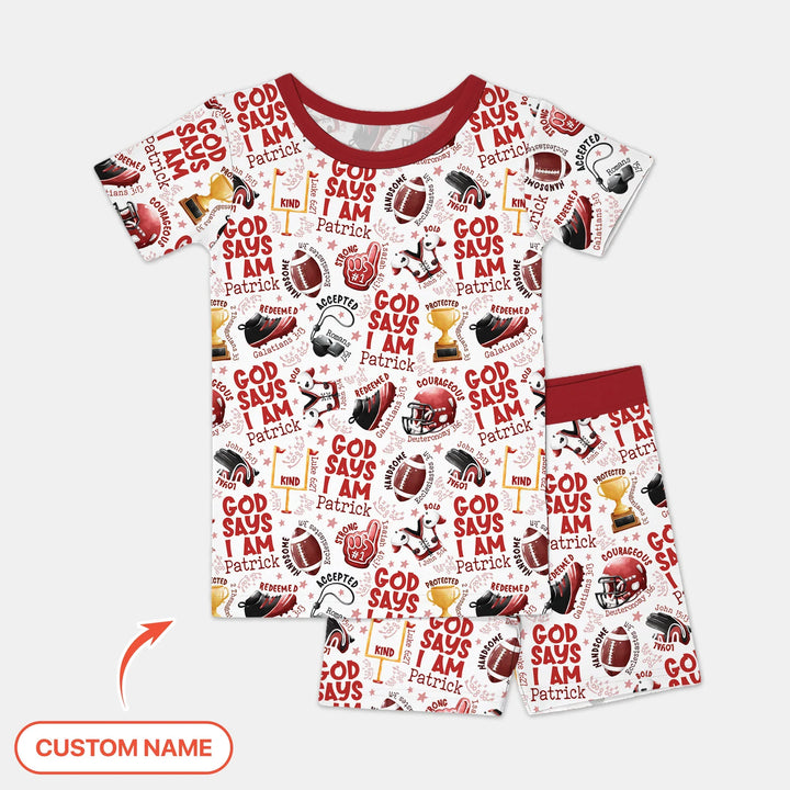 God Says I Am Touch Down Time Custom Name Bamboo Two Piece Short Sleeve Shorts Pajama Set