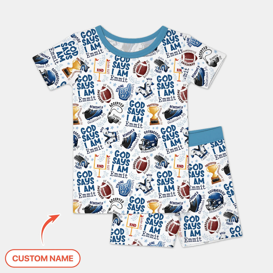 God Says I Am Touch Down Time Custom Name Bamboo Two Piece Short Sleeve Shorts Pajama Set