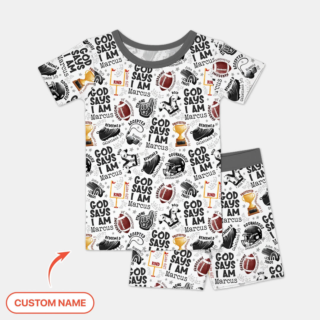 God Says I Am Touch Down Time Custom Name Bamboo Two Piece Short Sleeve Shorts Pajama Set