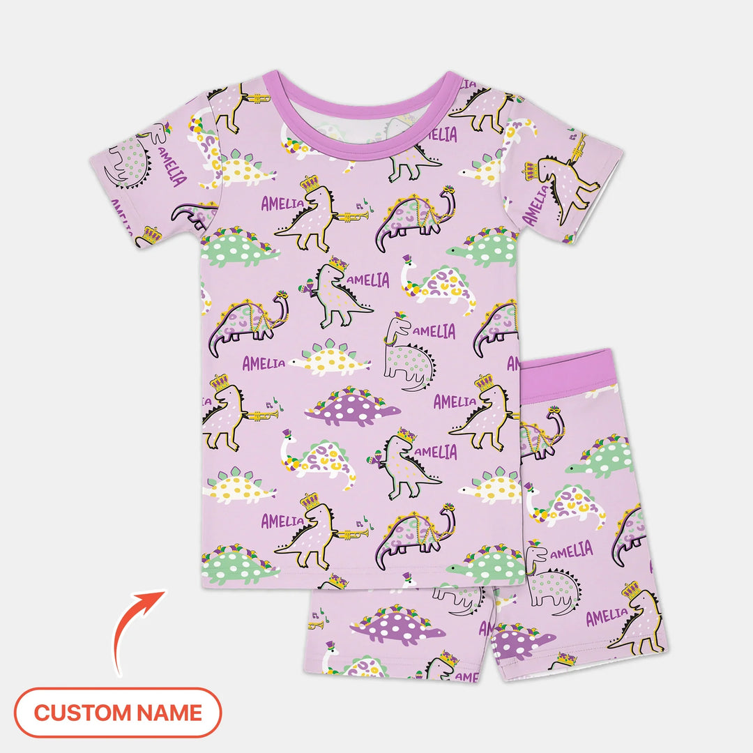 Custom Name Mardi Gras Saurus Bamboo Two Piece Short Sleeve Shorts Pajama Set