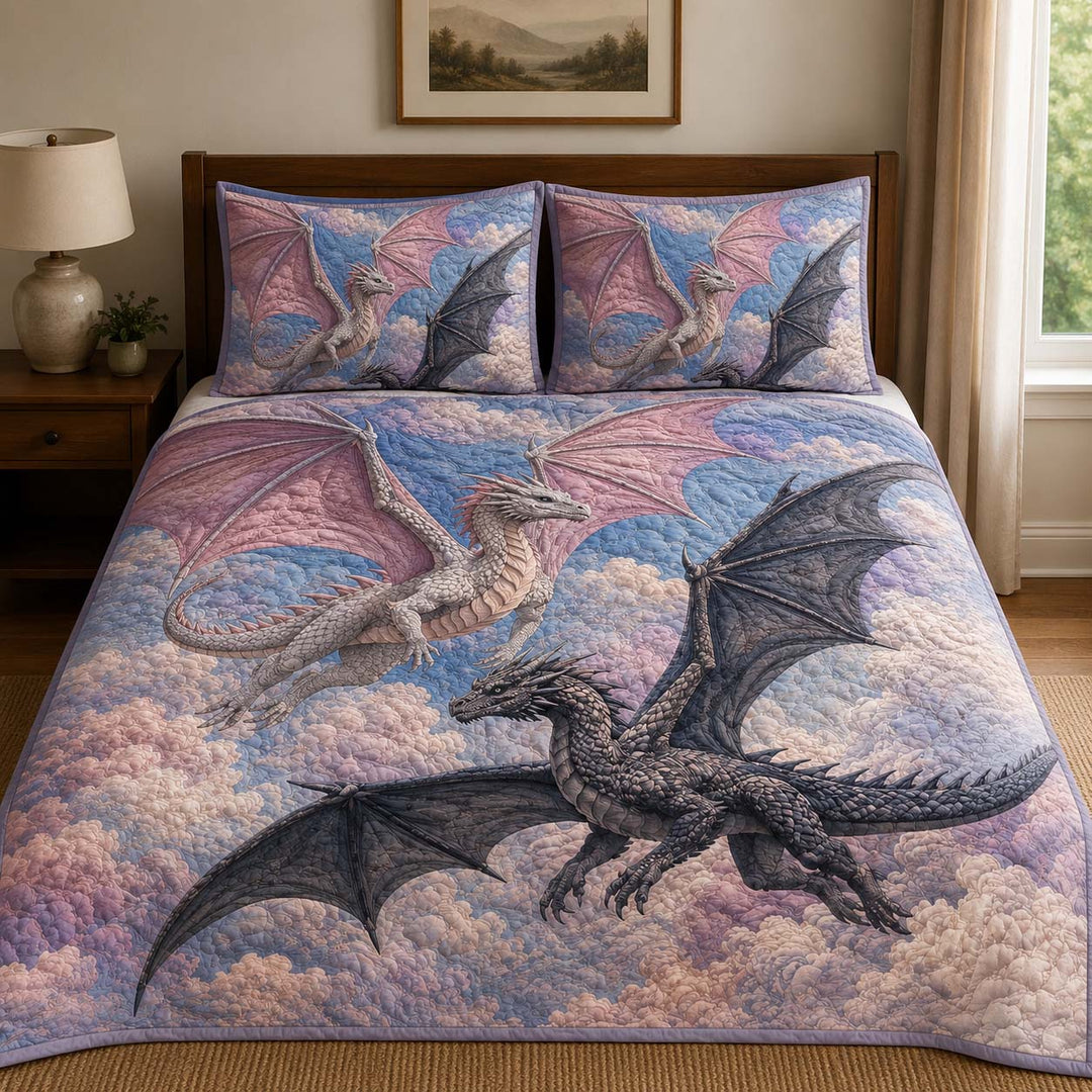 Silver Pink Sky Dragons Bamboo Quilt Bedding Set