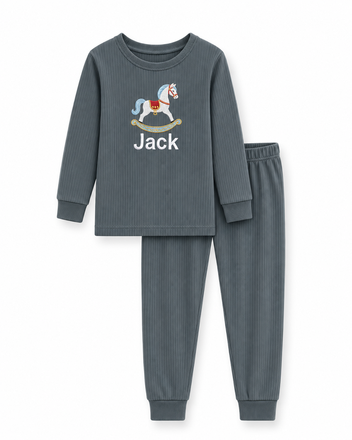 Royal Rocking Horse Embroidered Ribbed Bamboo Two Piece Long Sleeve Pajama Set