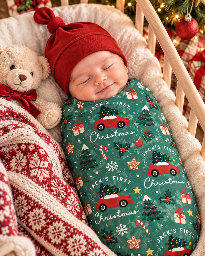 Custom Name First Christmas With Red Car Bamboo Swaddle Blanket