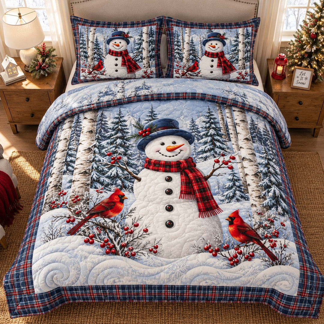 Snowman Cardinal Winter Forest Bamboo Quilt Bedding Set