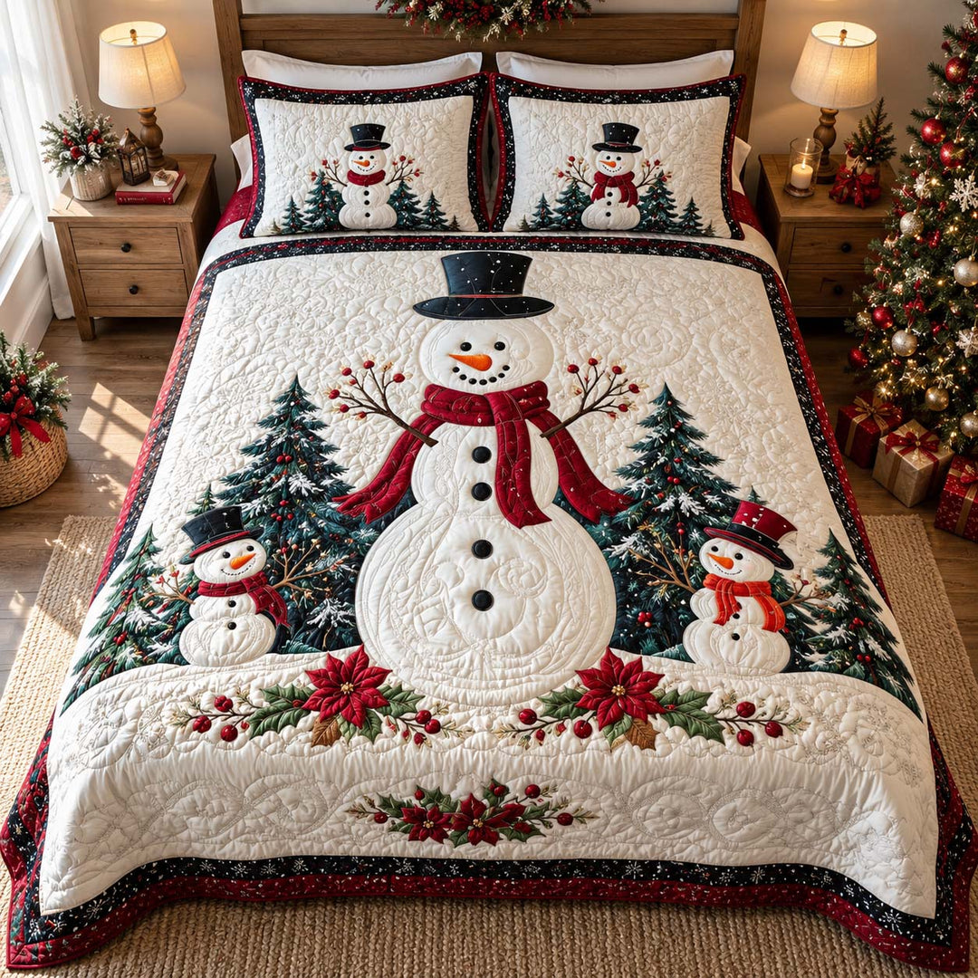 Snowman Family Christmas Forest Bamboo Quilt Bedding Set