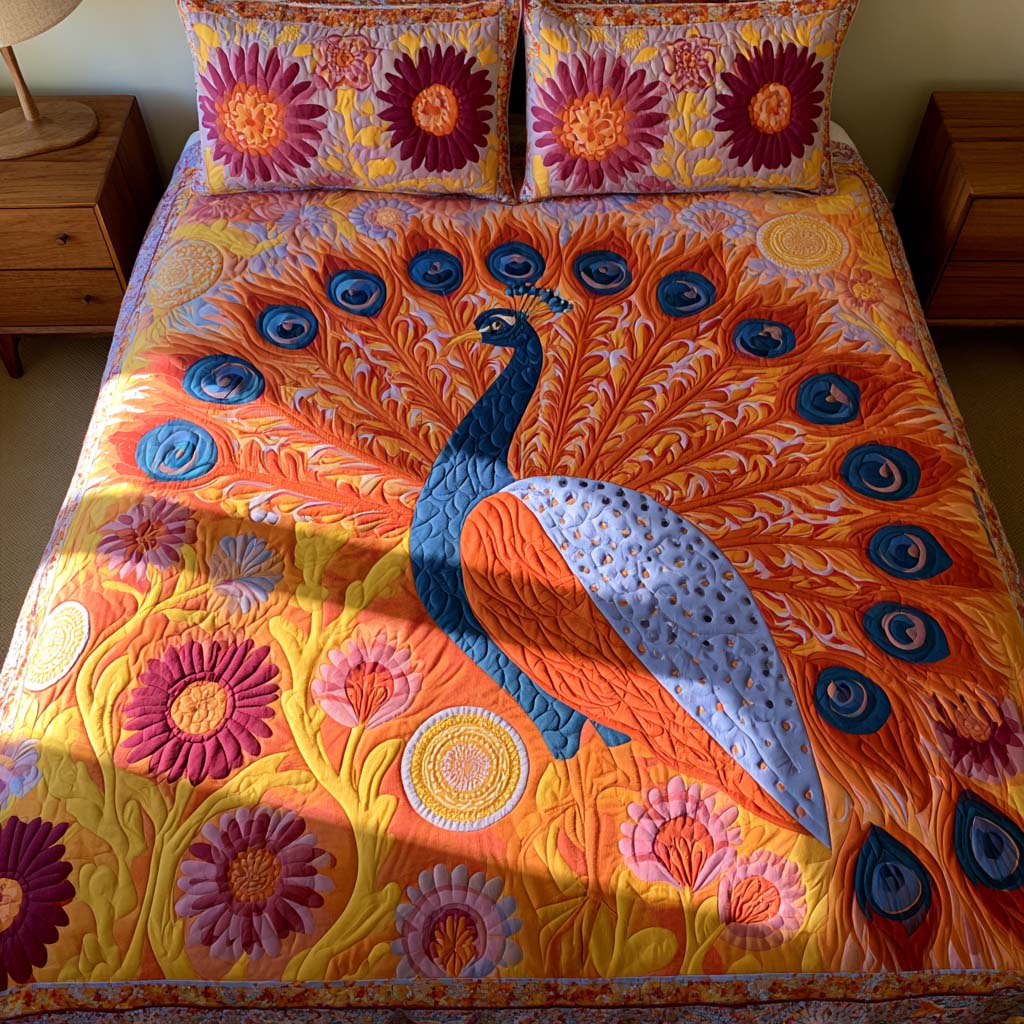 Sunset Floral Peacock Garden Bamboo Quilt Bedding Set