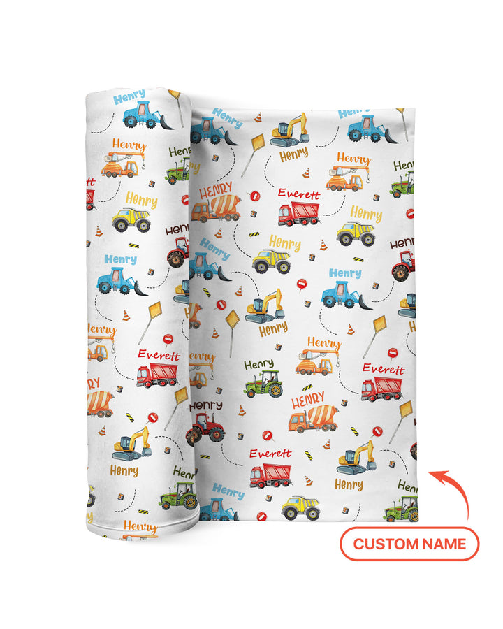 Construction Vehicles Custom Name swaddle blanket