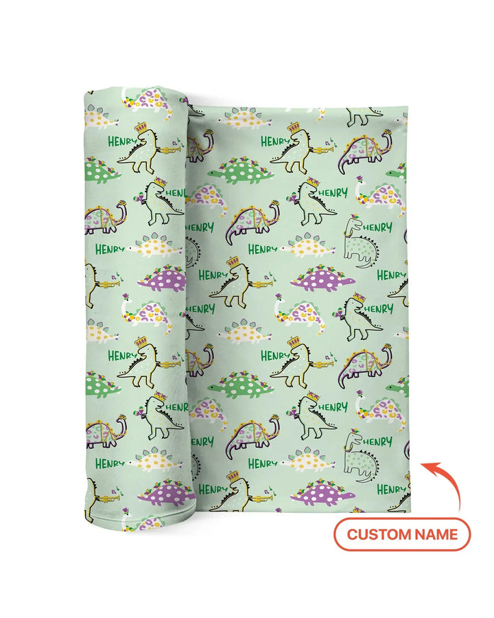 Custom Name Mardi Gras Saurus Bamboo Swaddle Blanket