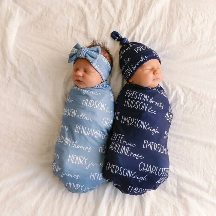Personalisierte Blues Baby Name Bambus Swaddle Decke Font Duo