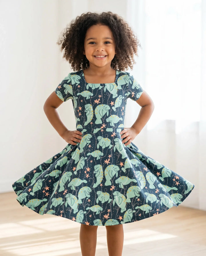 Bambus-Drehkleid mit Mondschein-Manati-Schwimmmotiv