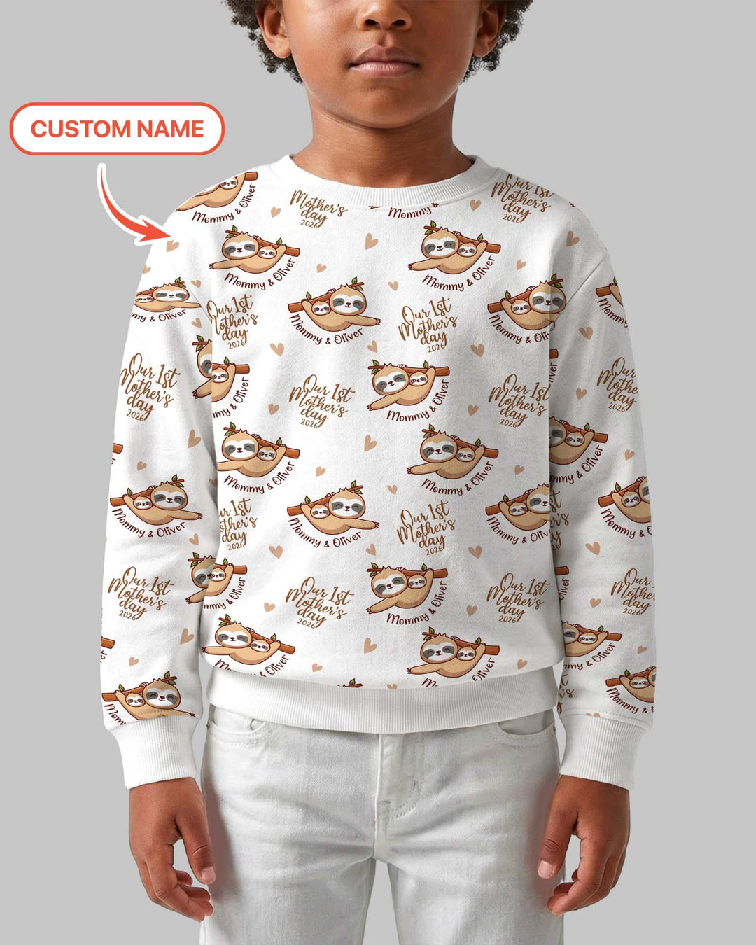 Personalisierter Name Mama & Baby Faultier – Unser erster Muttertag 2026 Bambus-Sweatshirt mit Rundhalsausschnitt