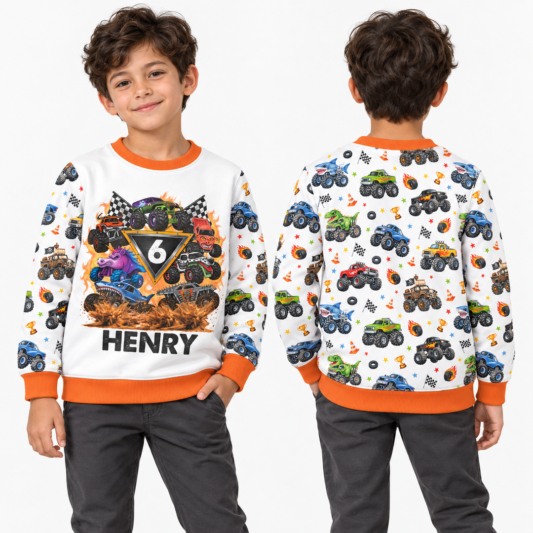 Personalized Monster Trucks Birthday Boy Bamboo Crewneck Sweatshirt