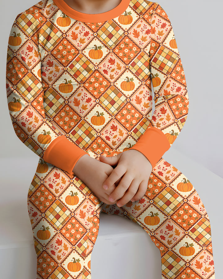 Fall Vintage Patchwork Bamboo Two Piece Long Sleeve Pajama Set