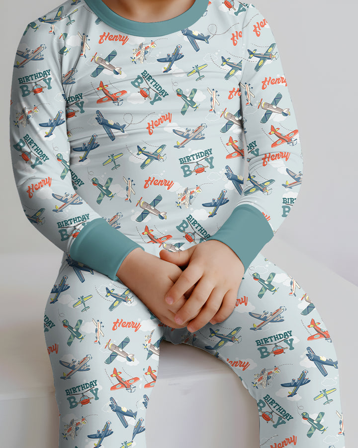 Personalized Airplane Birthday Boy Bamboo Two Piece Long Sleeve Pajama Set
