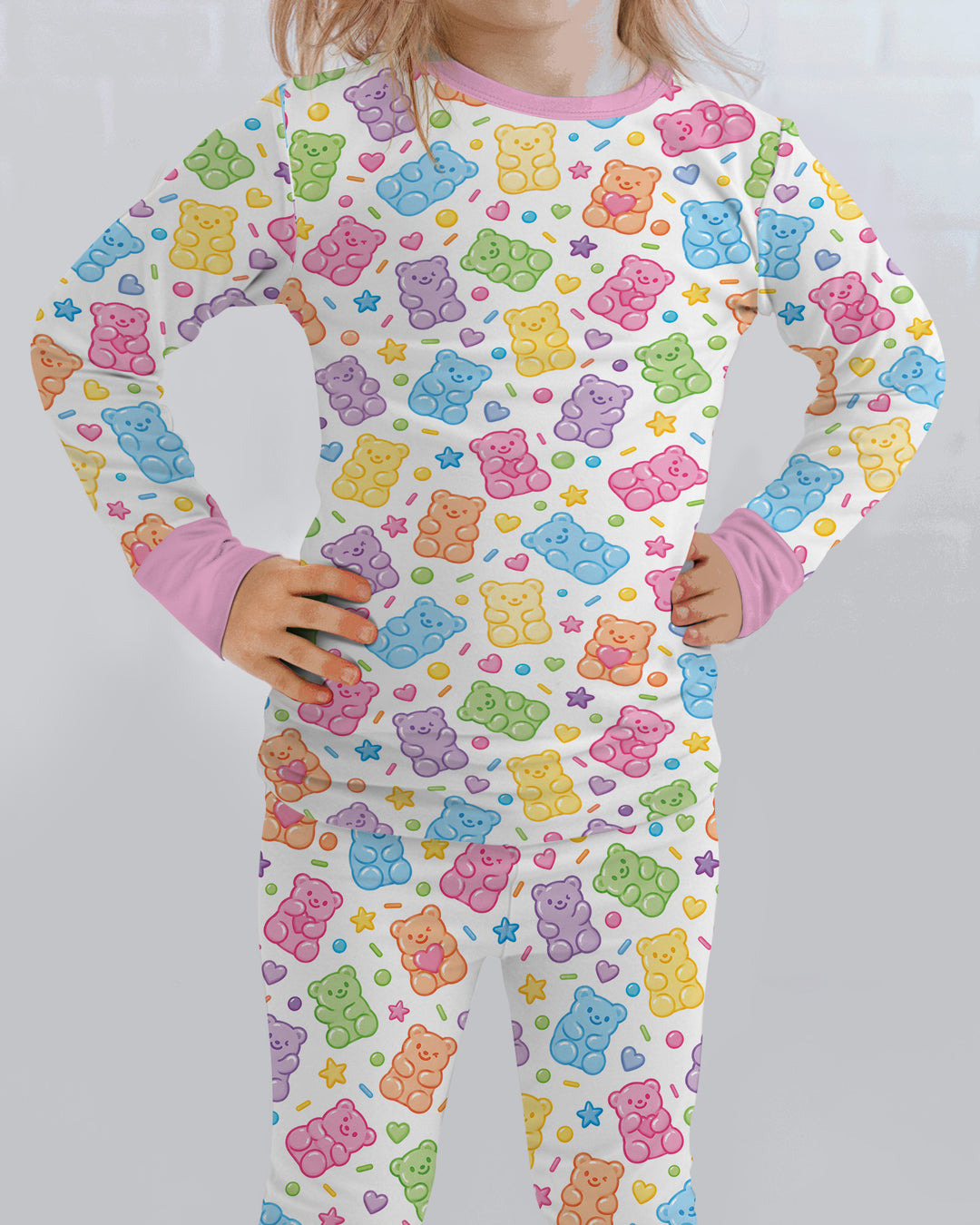 Cute Pastel Colorful Gummy Bears Bamboo Two Piece Long Sleeve Pajama Set