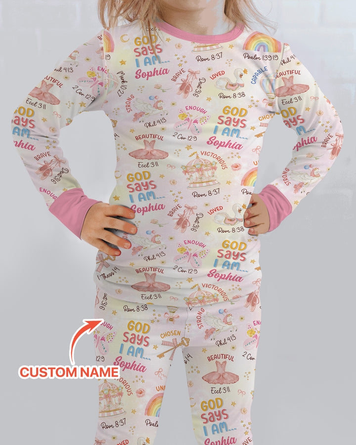 God Says I Am- Ballerina Custom Name Bamboo Two Piece Long Sleeve Pajama Set