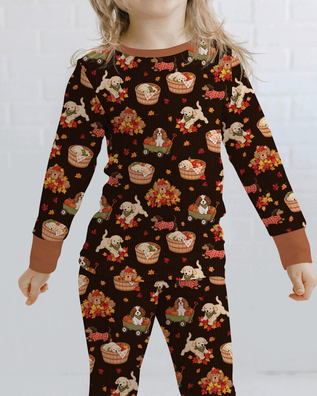 Pups in the Leaves Bamboo Two Piece Long Sleeve Pajama Set