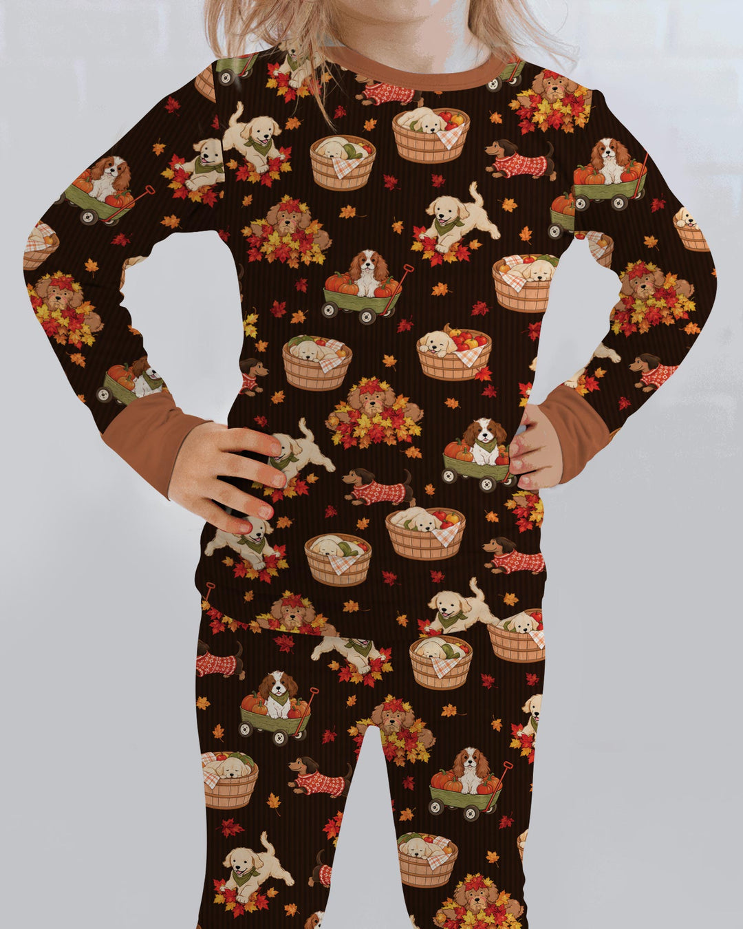 Pups in the Leaves Bamboo Two Piece Long Sleeve Pajama Set