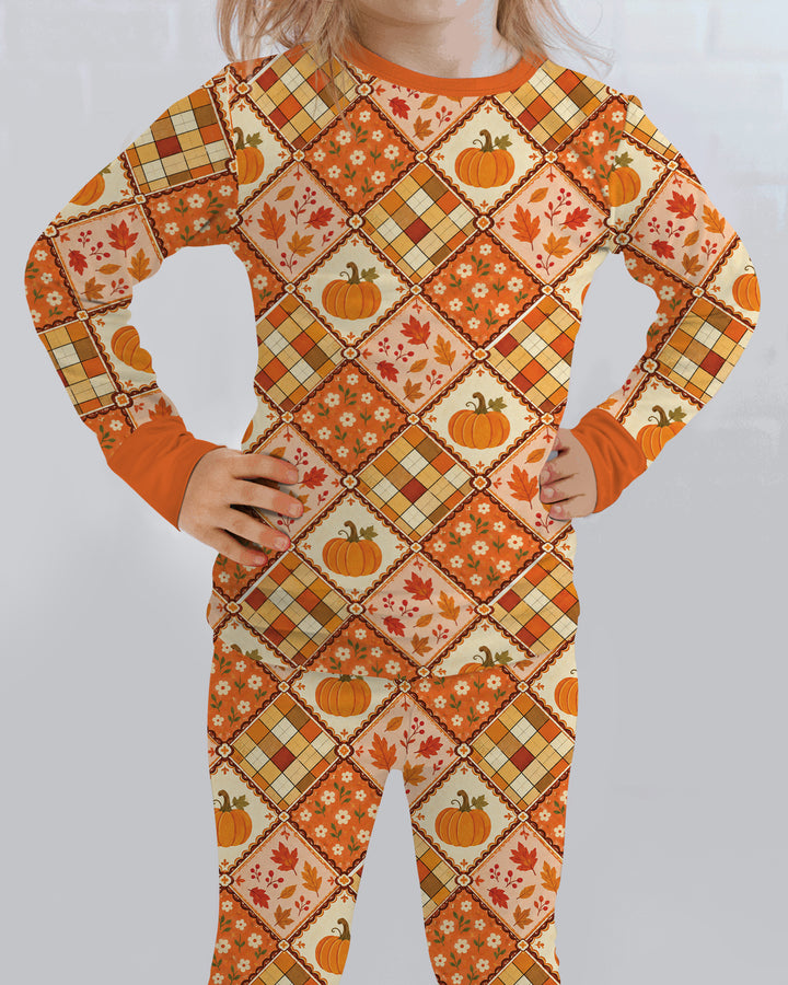 Fall Vintage Patchwork Bamboo Two Piece Long Sleeve Pajama Set