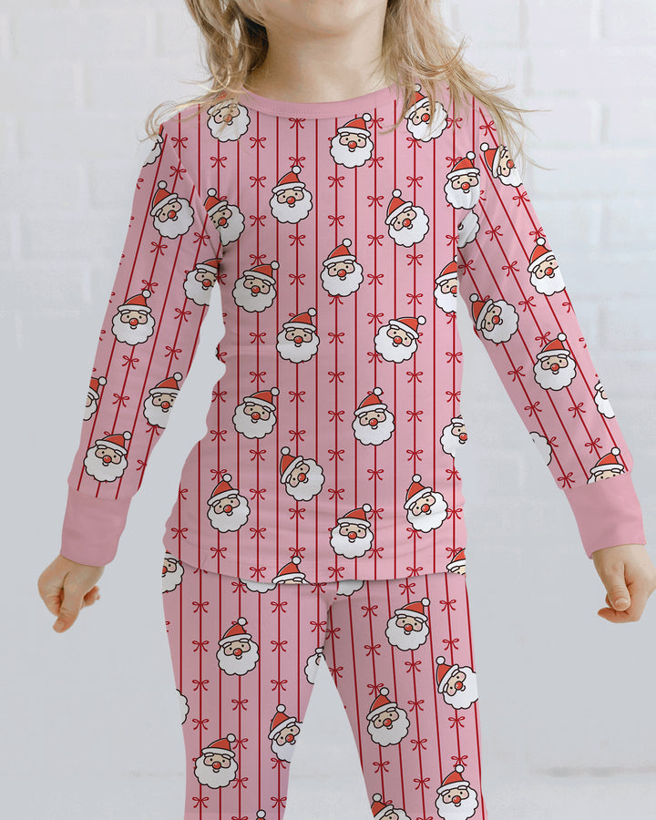Pink Santa Bow Stripe Christmas Bamboo Two Piece Long Sleeve Pajama Set