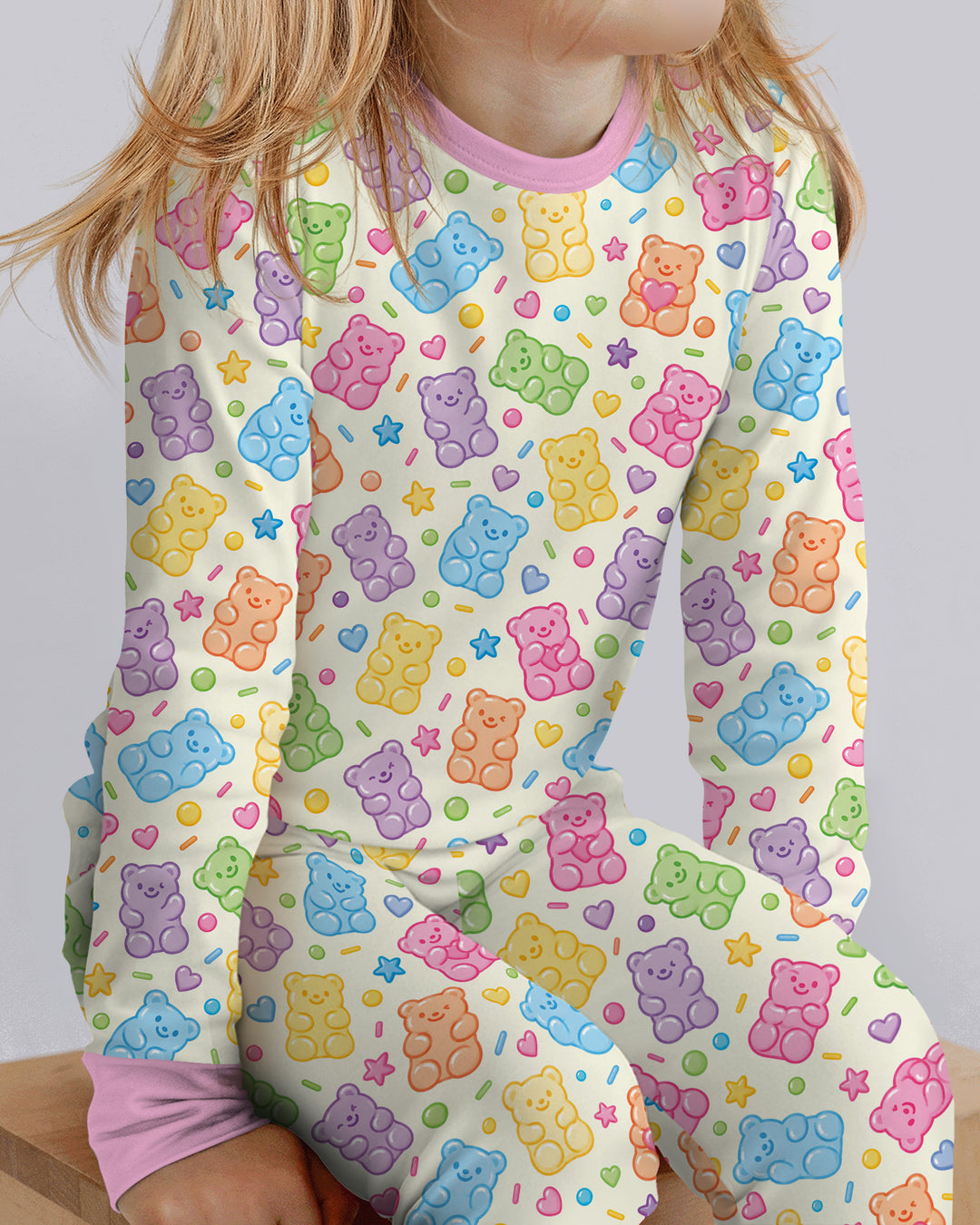 Cute Pastel Colorful Gummy Bears Bamboo Two Piece Long Sleeve Pajama Set