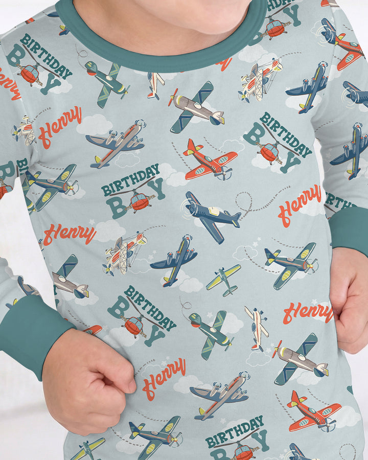 Personalized Airplane Birthday Boy Bamboo Two Piece Long Sleeve Pajama Set