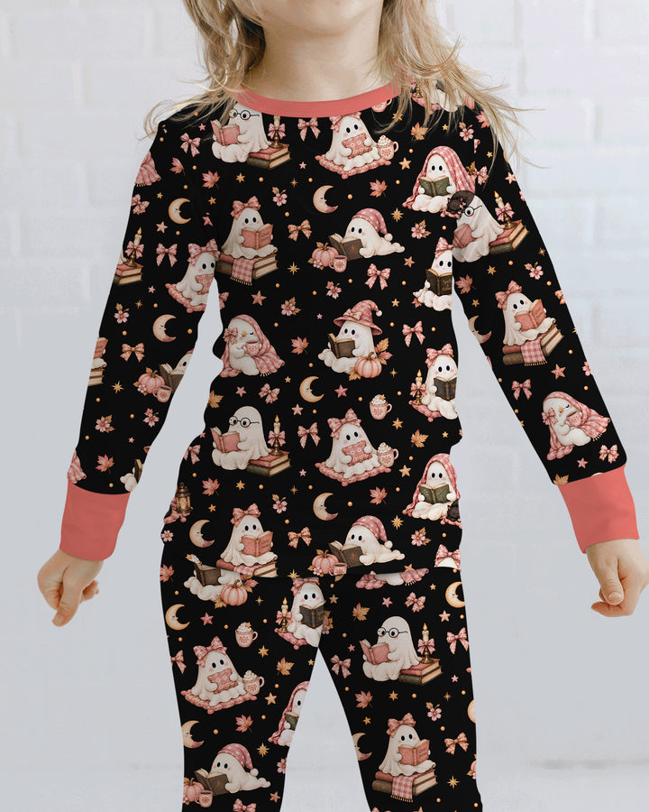 Coquette Bookish Ghost Halloween Bamboo Two Piece Long Sleeve Pajama Set