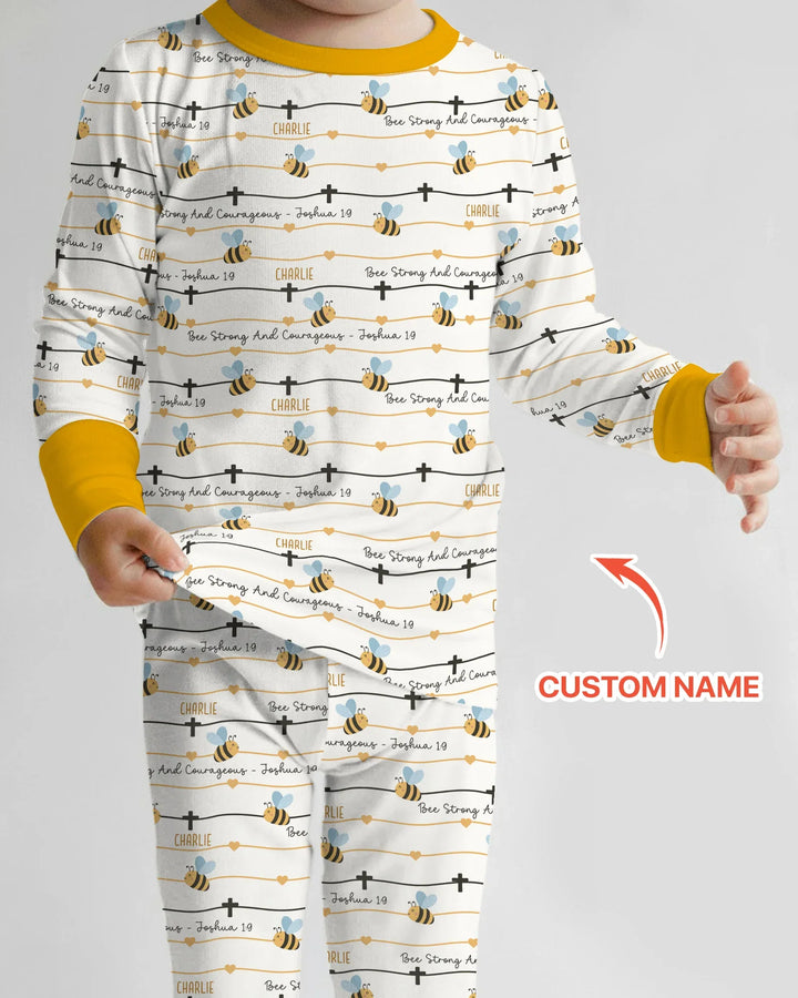Bee Strong And Courageous Custom Name Bamboo Two Piece Long Sleeve Pajama Set