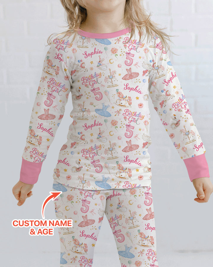 Ballerina Birthday Girl Custom Name & Age Bamboo Two Piece Long Sleeve Pajama Set