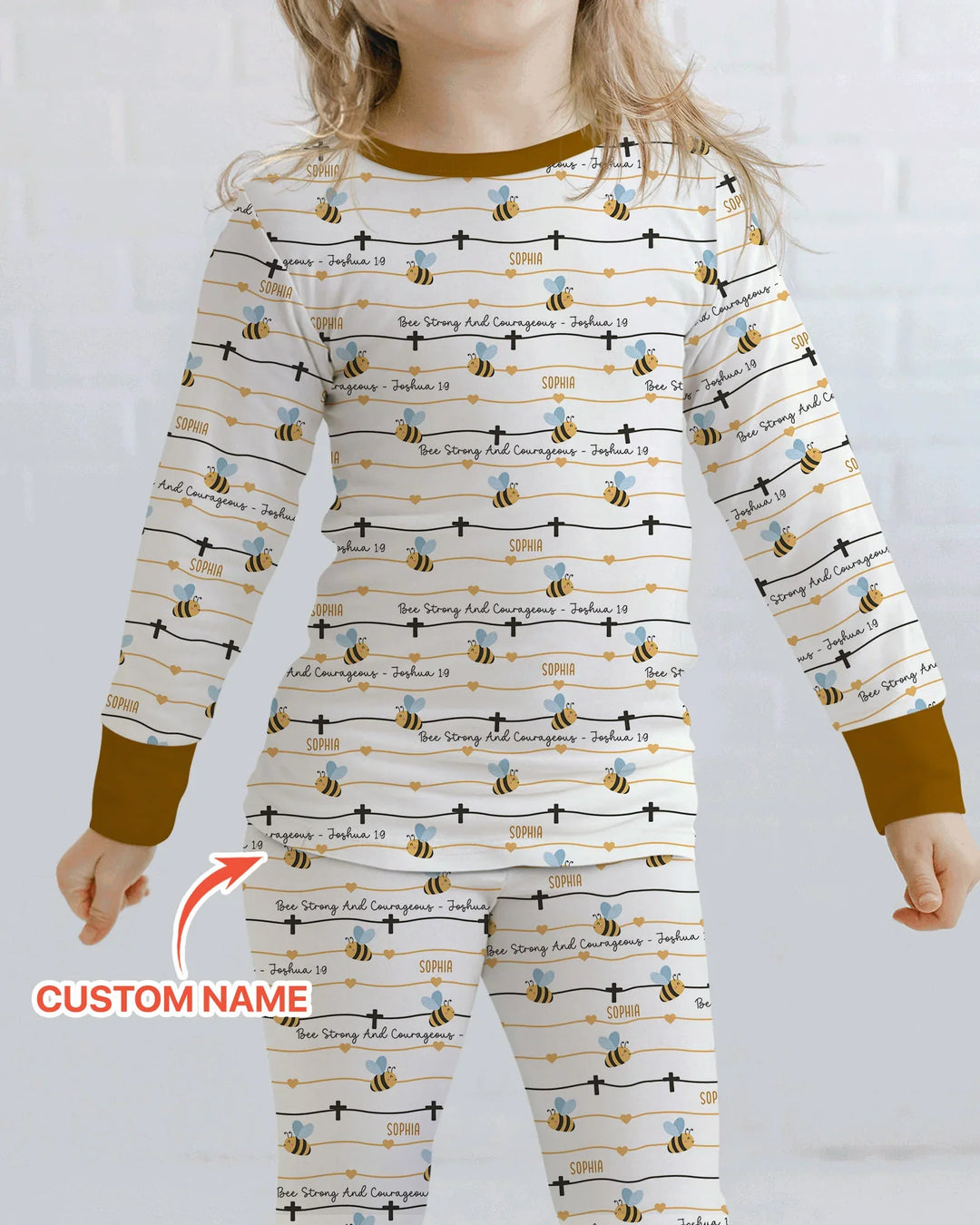 Bee Strong And Courageous Custom Name Bamboo Two Piece Long Sleeve Pajama Set