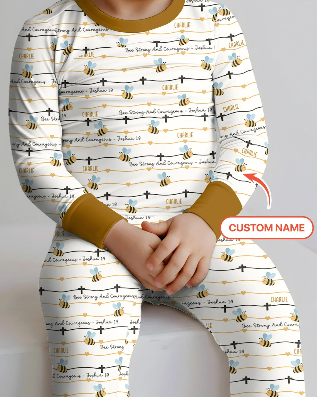 Bee Strong And Courageous Custom Name Bamboo Two Piece Long Sleeve Pajama Set