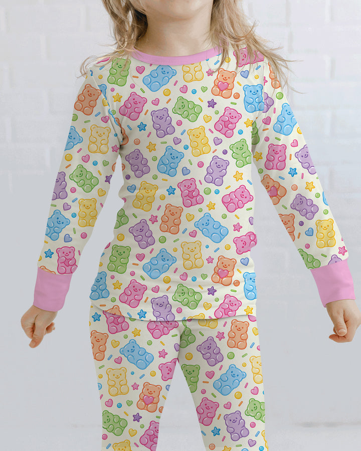 Cute Pastel Colorful Gummy Bears Bamboo Two Piece Long Sleeve Pajama Set