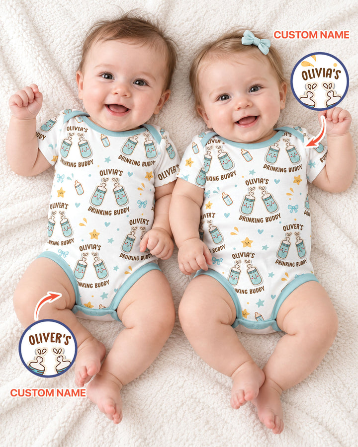 Custom Name Twin Drinking Buddies Bamboo Bodysuit