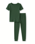 Rippen-Pyjama-Set aus Bambus in Waldgrün mit kurzen Ärmeln, zweiteilig