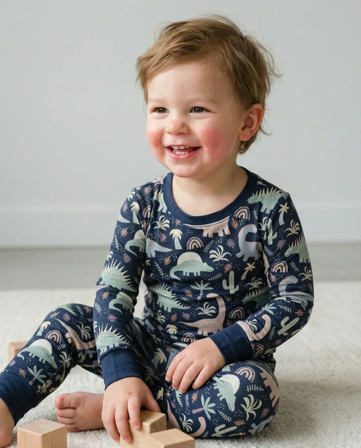 Dunkelblaues Jurassic Jungle Bambus-Zweiteiler-Pyjama-Set