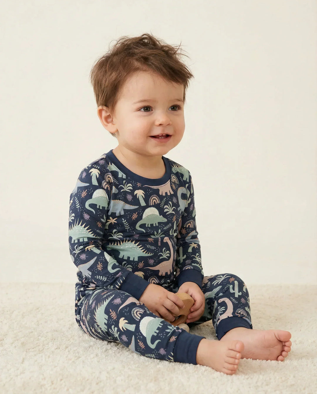 Dunkelblaues Jurassic Jungle Bambus-Zweiteiler-Pyjama-Set