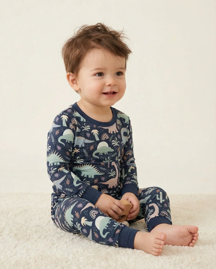 Dunkelblaues Jurassic Jungle Bambus-Zweiteiler-Pyjama-Set