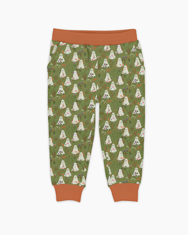 Cute Ghost Halloween Moss Green Floral Bamboo Jogger