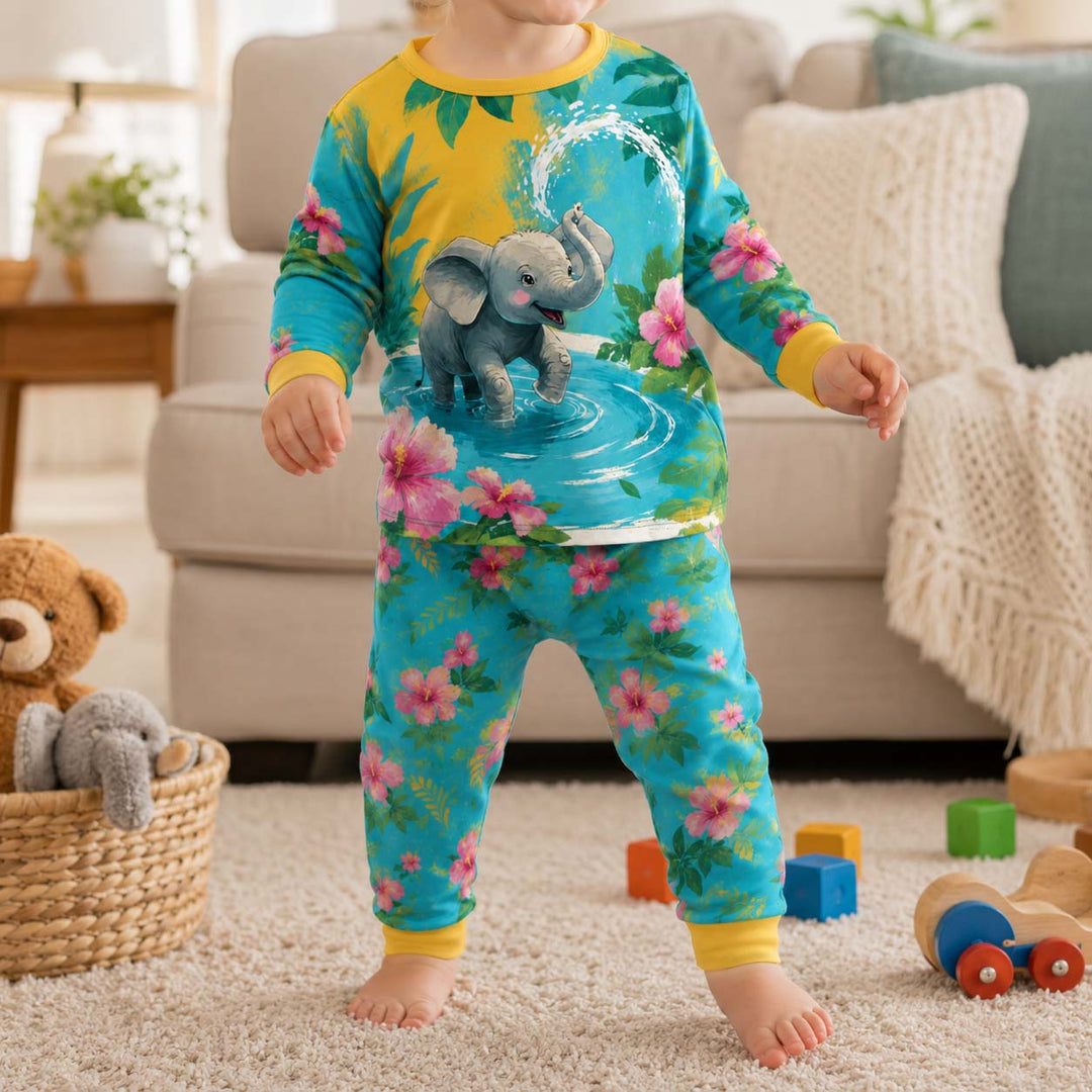 Tropical Elephant Splash Bamboo Two Piece Long Sleeve Pajama Set