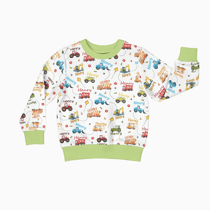 Baggerfahrzeuge – personalisiertes Langarmshirt mit Namen aus Bambus-Mischgewebe