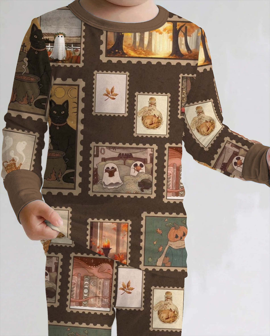 Vintage Autumn Halloween Stamps Bamboo Two Piece Long Sleeve Pajama Set