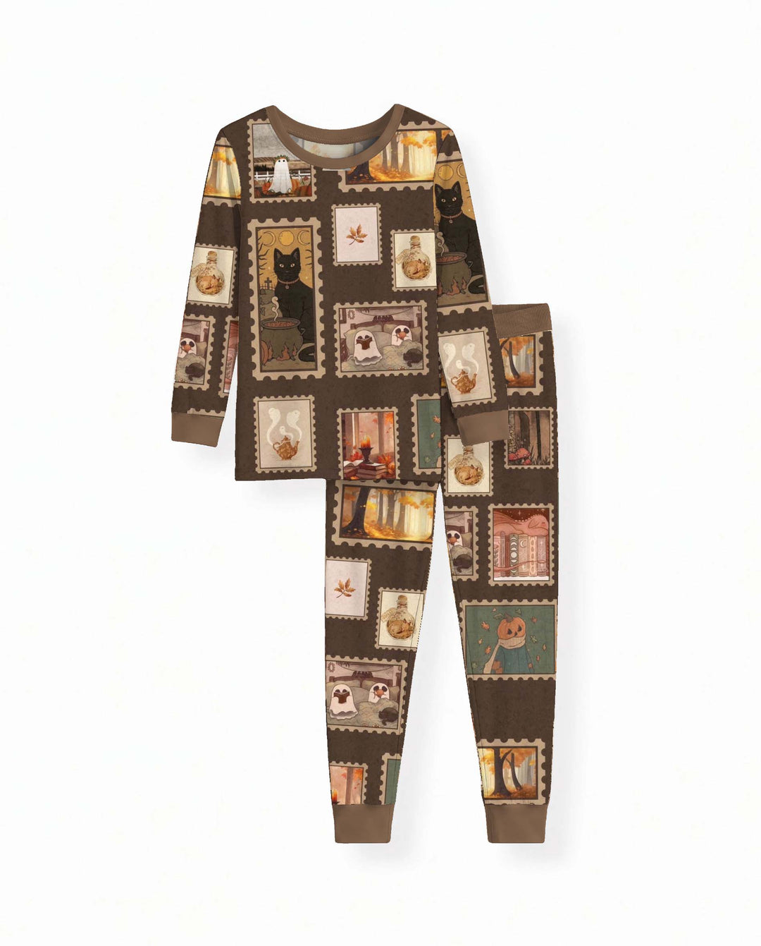 Vintage Autumn Halloween Stamps Bamboo Two Piece Long Sleeve Pajama Set