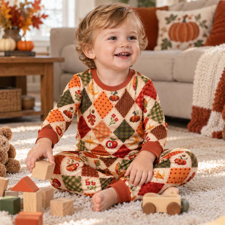 Vintage Autumn Harvest Patchwork Bamboo Two Piece Long Sleeve Pajama Set