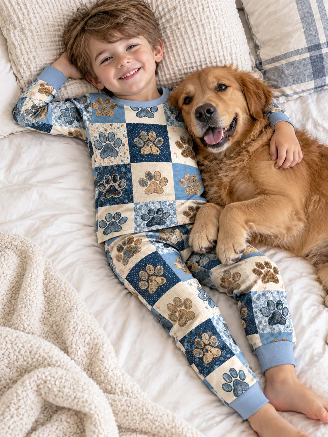 Vintage Blue Floral Paw Patchwork Bamboo Two Piece Long Sleeve Pajama Set
