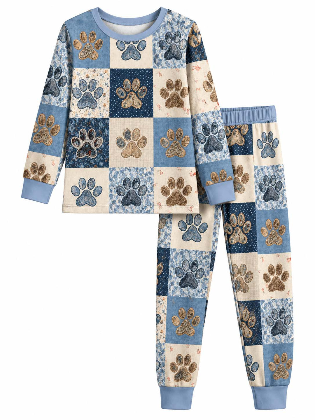 Vintage Blue Floral Paw Patchwork Bamboo Two Piece Long Sleeve Pajama Set